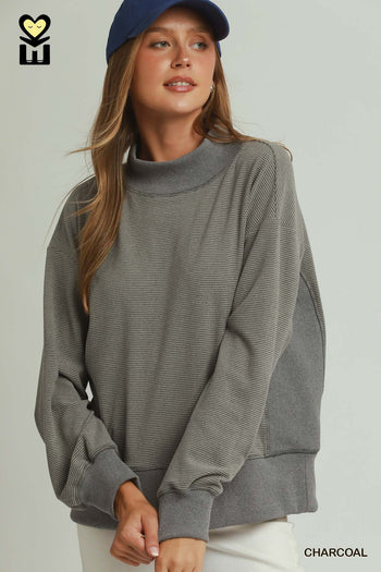 Umgee Relaxed Mock Neck Rib Pullover in Charcoal