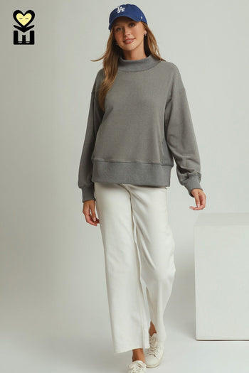 Umgee Relaxed Mock Neck Rib Pullover in Charcoal