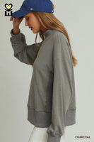 Umgee Relaxed Mock Neck Rib Pullover in Charcoal