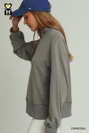 Umgee Relaxed Mock Neck Rib Pullover in Charcoal