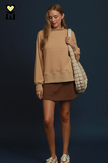 Umgee Relaxed Mock Neck Rib Pullover in Latte