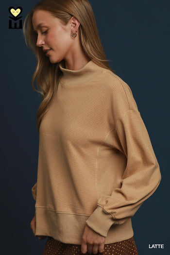 Umgee Relaxed Mock Neck Rib Pullover in Latte