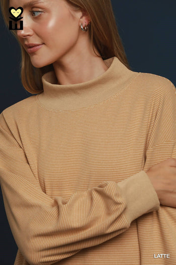 Umgee Relaxed Mock Neck Rib Pullover in Latte