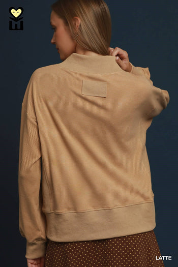 Umgee Relaxed Mock Neck Rib Pullover in Latte