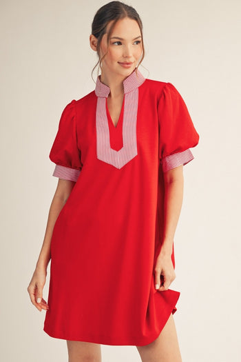Jodifl Solid Color Shift Dress with Striped Accents in Red S