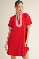 Jodifl Solid Color Shift Dress with Striped Accents in Red