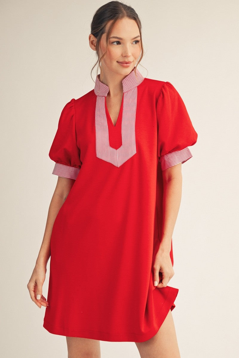 Jodifl Solid Color Shift Dress with Striped Accents in Red S at June Adel