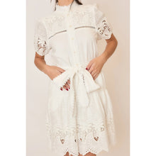 Load image into Gallery viewer, Cozy Co. Mini Dress with Embroidered Lace Details in Off White
