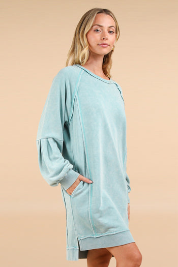 Very J Mineral Washed Terry Knit Dress in Sage