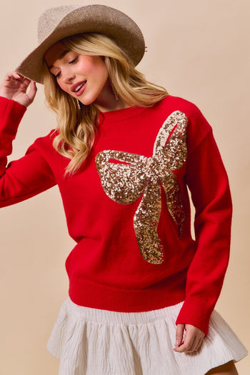 So Me Christmas Holiday Sequin Ribbon Bow Front Sweater in Red/Gold