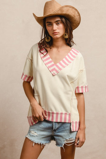 BiBi Solid Color French Terry Top with Contrasting Stripe Pattern in Ivory/Pink