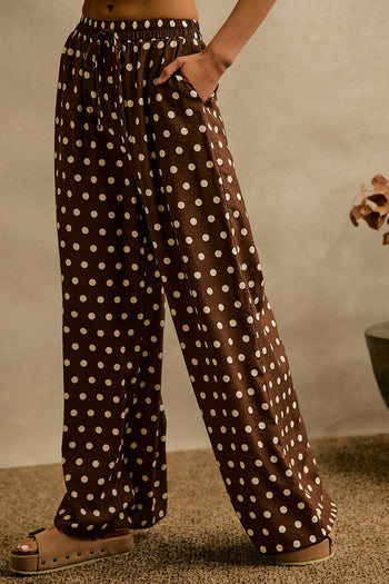 So Me Polka Dot Waist Elastic Wide Leg Pants In Brown/White