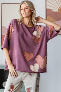 Oli & Hali Mineral Washed Top with Heart Patches in Eggplant