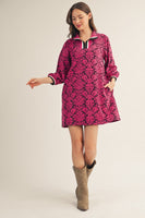 Jodifl Front Half Zip Up Baroque Floral Pattern Dress in Fuchsia