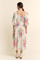 Davi & Dani Flower Printed Chiffon Midi Dress in Taupe