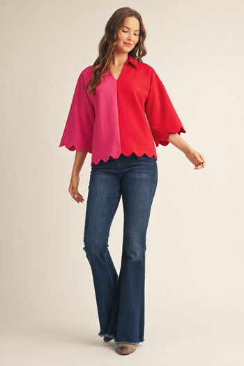 Jodifl Scallop Edge Color Blocked Top in Red/Fuchsia