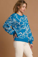 Umgee Floral Knit Sweater in Turquoise