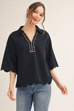 Load image into Gallery viewer, Jodifl Scallop Edge Top with Animal Print Detail in Black
