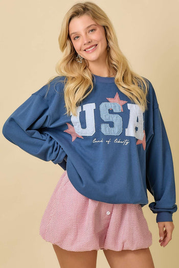 Main Strip OVERSIZED USA Patchwork Top in Dark Blue