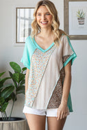 7th Ray Mixed Print Textured Patchwork Top in Mint