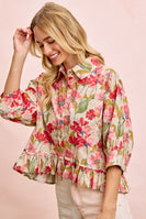 BiBi Floral Print Ruffled Hem Button-Up Quarter Sleeve Top in Floral