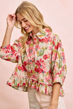 Load image into Gallery viewer, BiBi Floral Print Ruffled Hem Button-Up Quarter Sleeve Top in Floral
