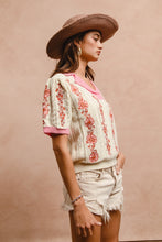 Load image into Gallery viewer, BiBi Lightweight Knit Top with Floral Embroidery in Ivory/Pink
