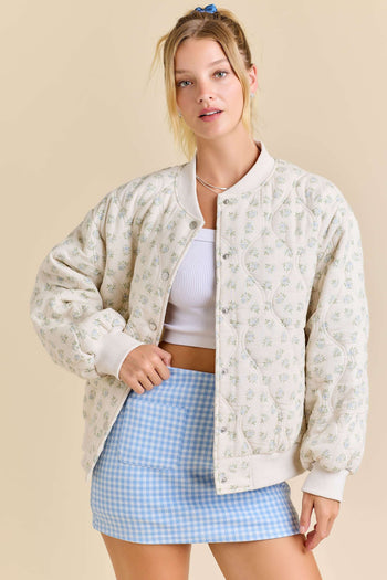 Main Strip Quilted Floral Print Bomber Jacket in Ivory/Blue