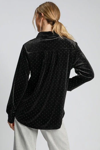 Umgee Beaded Velvet Button Down Top in Black