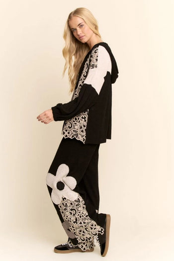 Davi & Dani OVERSIZED Hooded Mixed Fabric Top with Flower Patch in Black Cream