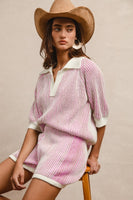 BiBi Two Toned Textured Ribbed Sweater Top and Shorts Set in Ivory/Pink
