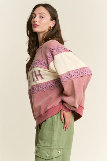 J.nna Mineral Washed Lace Trimmed Positive Lettering Front Sweatshirt in Rosewood