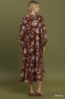 Umgee Floral Print Boho Maxi Dress in Merlot