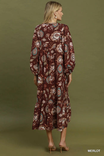 Umgee Floral Print Boho Maxi Dress in Merlot