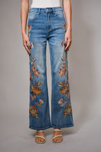 Load image into Gallery viewer, Blue B Wide Leg Denim Jeans With Floral Embroidery Down Sides in Medium Wash ON ORDER
