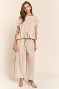 J.nna Smocked Waist Boho Pants in Light Beige