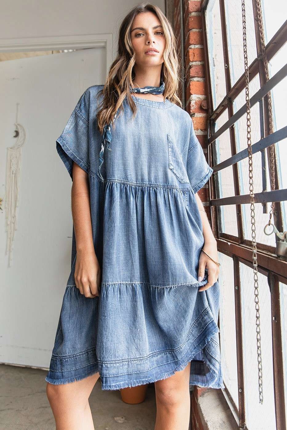 Mittoshop Oversized Tiered Mini Dress in Denim