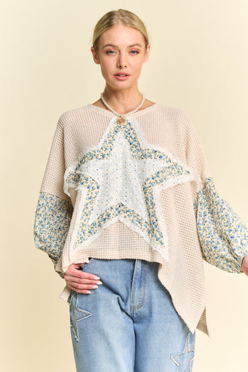 Davi & Davi Waffle Knit Top with Multi Star Patched Front in Beige