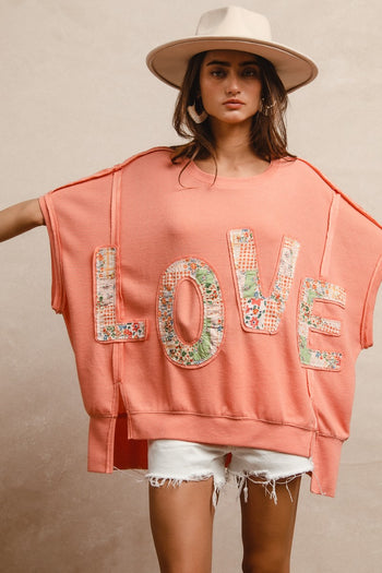 BiBi OVERSIZED Textured Top with Floral LOVE Letter Patched Front in Apricot