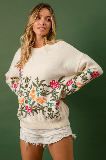 BiBi Embroidery Detailed Knit Sweater in Cream