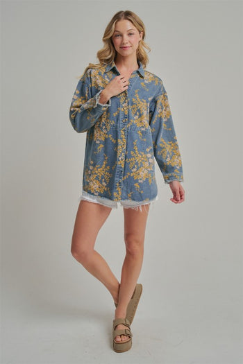 BON Floral Print Denim Top in Floral Denim