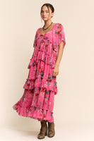Davi & Dani Floral Printed Ruffled Dress in Orchid Pink
