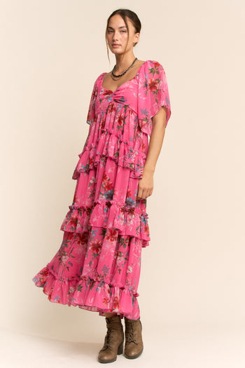 Davi & Dani Floral Printed Ruffled Dress in Orchid Pink