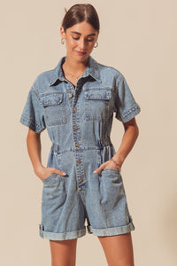 So Me Utility Button Down Romper in Denim