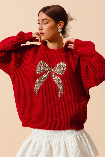 So Me Sequin Ribbon Sweater in Red/Gold