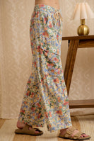 BiBi Floral Wide Leg Pull On Pants With Cargo Pockets in Floral Denim