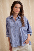 Load image into Gallery viewer, BiBi Stripe Embroidered Short Sleeves Button Blouse in Chambray
