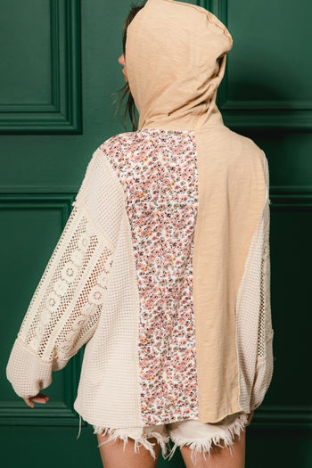 BiBi Knit Floral and Lace Hooded Top in Taupe