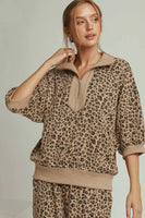 Umgee Leopard Jacquard Half Zip Pullover Top in Mushroom