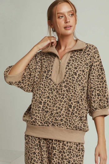 Umgee Leopard Jacquard Half Zip Pullover Top in Mushroom
